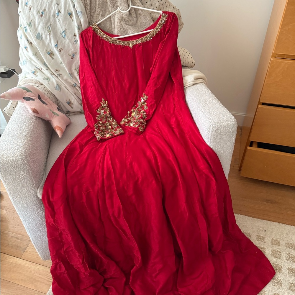 Elegant Red Embroidered Dress Pakistani/Indian Maxi Dress & Dupatta
